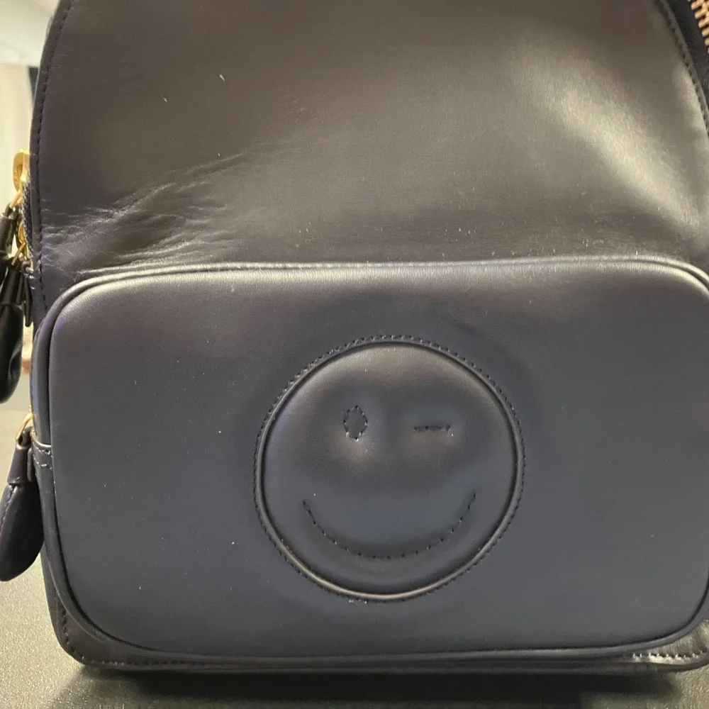 Anya Hindmarch Wink Smiley Face Navy Blue Leather Backpack Gold Hardware